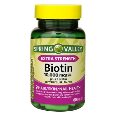 Spring Valley Extra Strength Biotin Plus Keratin Dietary Supplement Tablets for Hair/Skin/Nail Health, 10,000 mcg, 60 Count