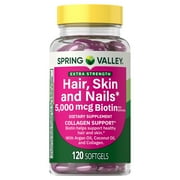 Spring Valley Extra Strength Hair Skin & Nails Collagen Support Softgels, 5000 Mcg Biotin, 120 Count