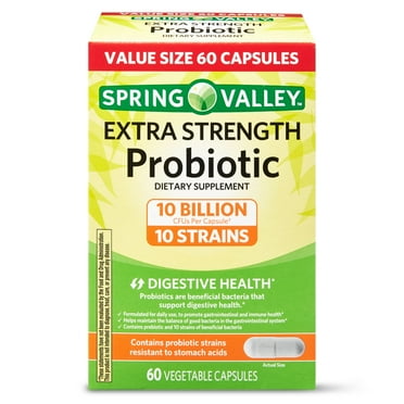 Spring Valley Extra Strength Probiotic Vegetable Capsules for Digestive Health, 10 Billion CFU, 60 Count