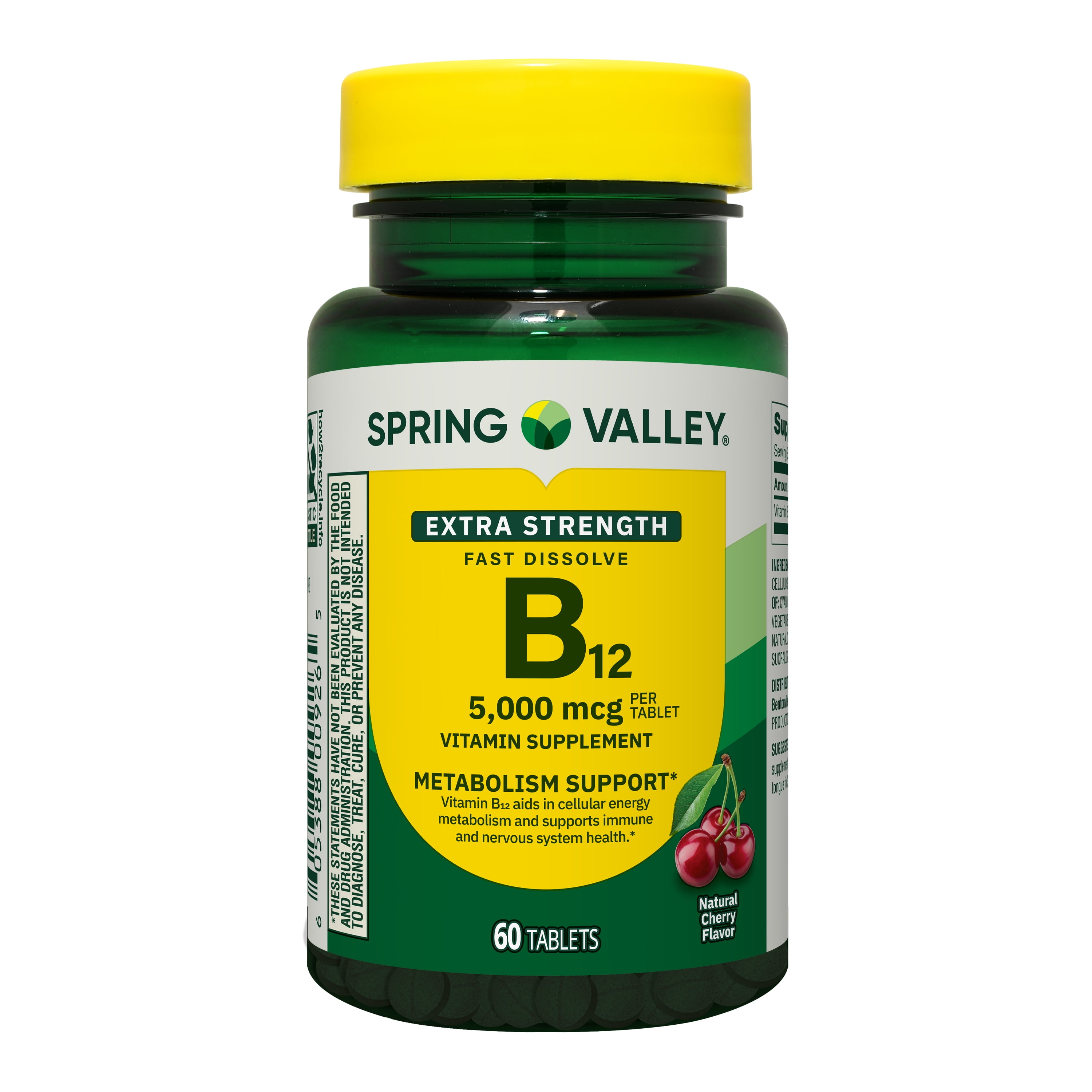 Spring Valley Extra Strength Vitamin B12 Supplement Fast Dissolve Tablets for Metabolism Support, Cherry, 5000 mcg, 60 Count
