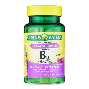 Spring Valley Extra Strength Vitamin B12 Supplement Fast Dissolve Tablets for Metabolism Support, Cherry, 5000 mcg, 60 Count