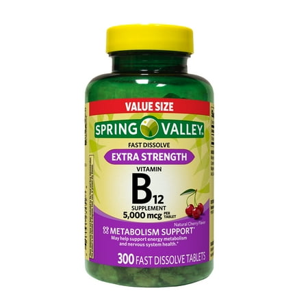 Spring Valley Extra Strength Vitamin B12 Supplement Fast Dissolve Tablets for Metabolism Support, Cherry, 5000 mcg, 300 Count