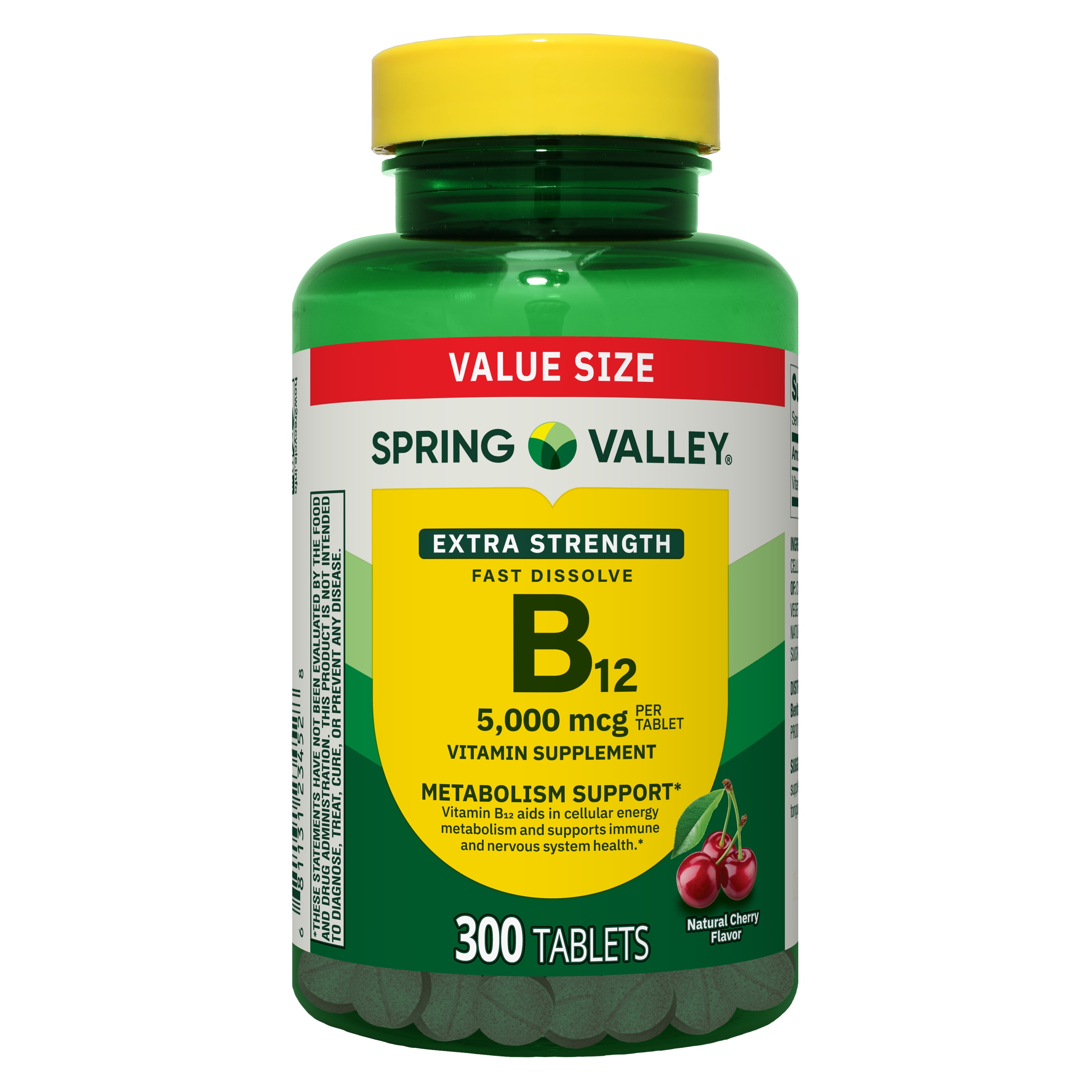 Spring Valley Extra Strength Vitamin B12 Supplement Fast Dissolve Tablets for Metabolism Support, Cherry, 5000 mcg, 300 Count
