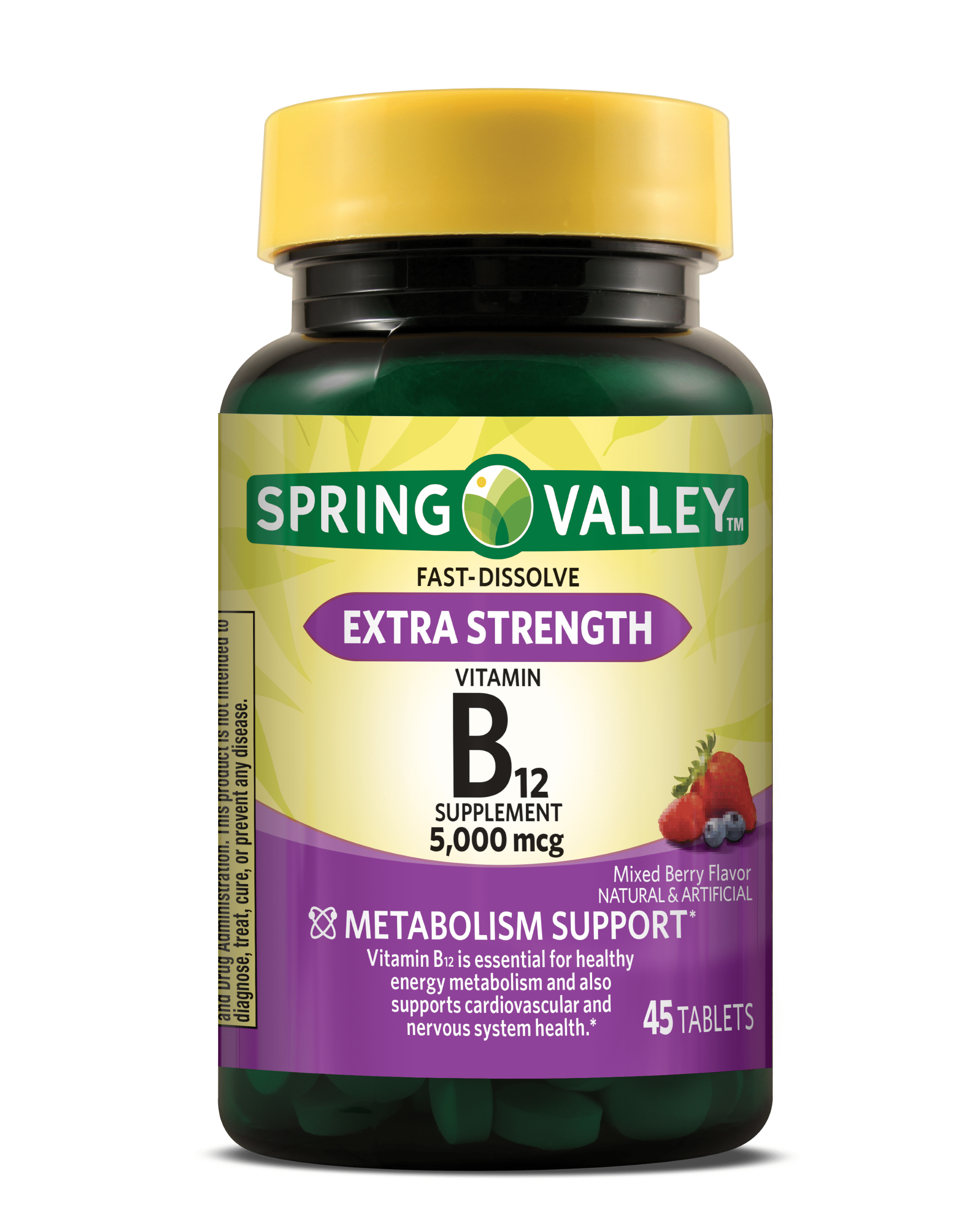 Spring Valley Extra Strength Vitamin B12 Metabolism Support Dietary Supplement Fast Dissolve Tablets, Mixed Berry, 5000 mcg, 45 Count