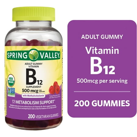 Spring Valley Extra Strength Vitamin B12 Supplement Vegetarian Gummies for Metabolism Support, Raspberry Flavor, 3000 mcg, 200 Count