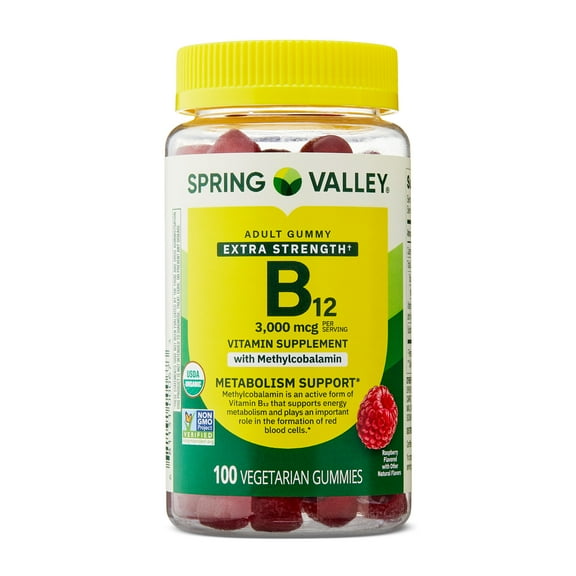 Spring Valley Extra Strength Vitamin B12 Supplement, Raspberry Flavor, 3000 mcg, 100 Count, Vegetarian Gummies for Metabolism Support