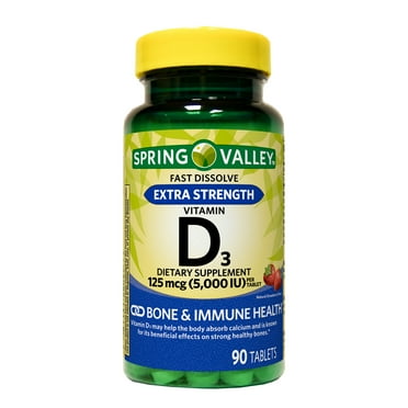 Spring Valley Extra Strength Vitamin D3 Dietary Supplement Fast Dissolve Tablets for Bonne and Immune Health, 125 mcg (5,000 IU), Strawberry Flavor, 90 Count