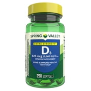 Spring Valley Extra Strength Vitamin D3 Softgels, 125 mcg (5000 IU), 250 Count, Supplement for Bone and Immune Health