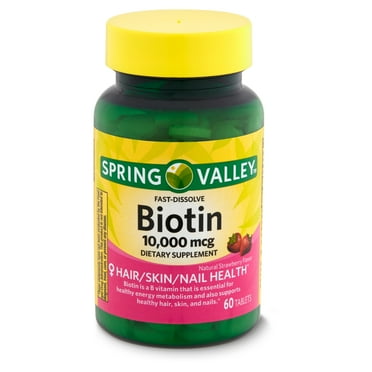 Spring Valley Fast-Dissolve Biotin Dietary Supplement Tablets for Hair/Skin/Nail Health, Strawberry Flavor, 10,000 mcg, 60 Count