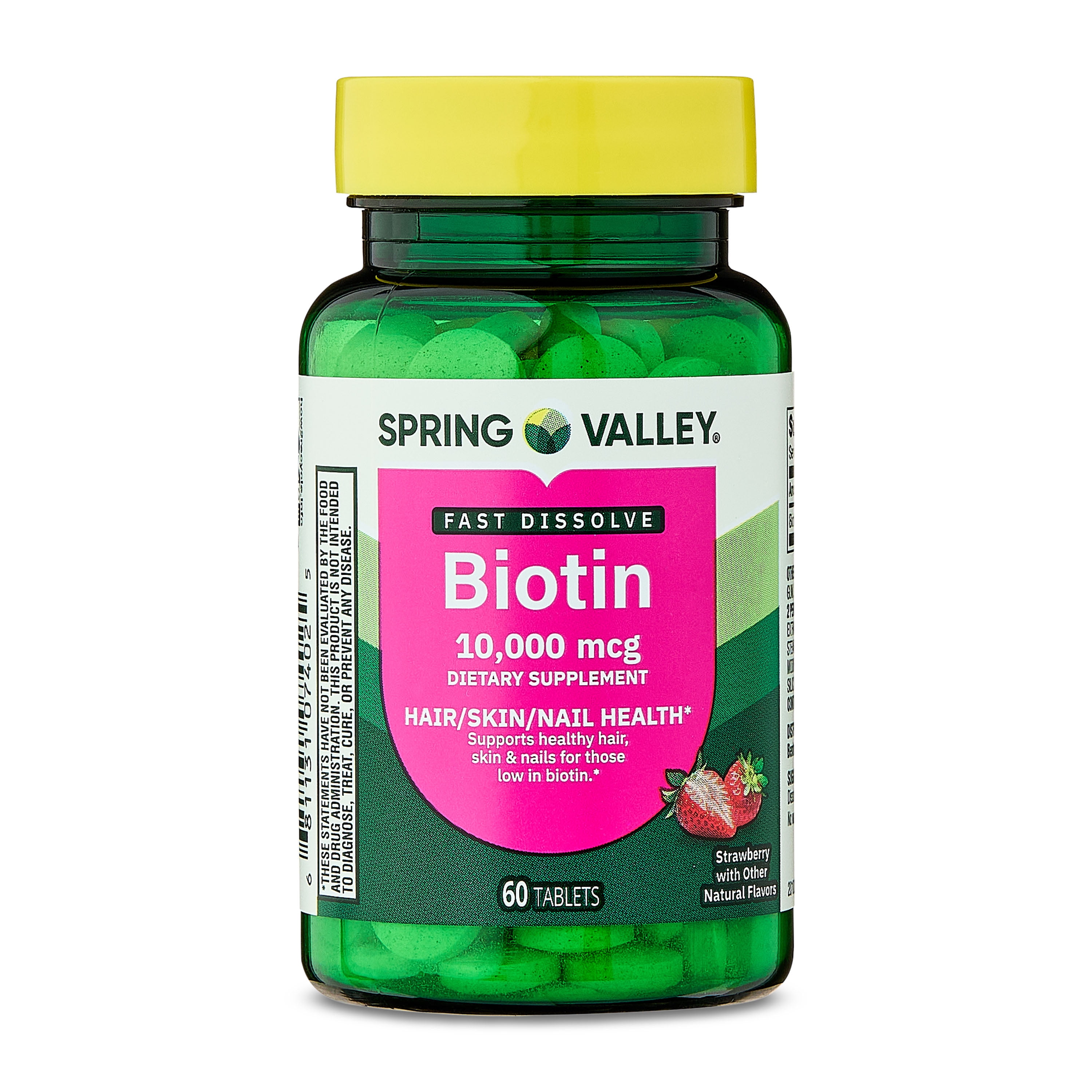 Spring Valley Fast-Dissolve Biotin Dietary Supplement Tablets for Hair/Skin/Nail Health, Strawberry Flavor, 10,000 mcg, 60 Count