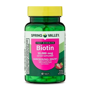 Spring Valley Fast-Dissolve Biotin for Hair/Skin/Nail, Strawberry Flavor, 10,000 mcg, 60 Tablets