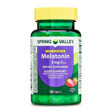 Spring Valley Fast-Dissolve Melatonin Sleep Support Dietary Supplement Tablets, Strawberry, 3 mg, 120 Count