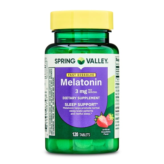 Spring Valley Fast-Dissolve Melatonin Sleep Support Dietary Supplement Tablets, Strawberry, 3 mg, 120 Count
