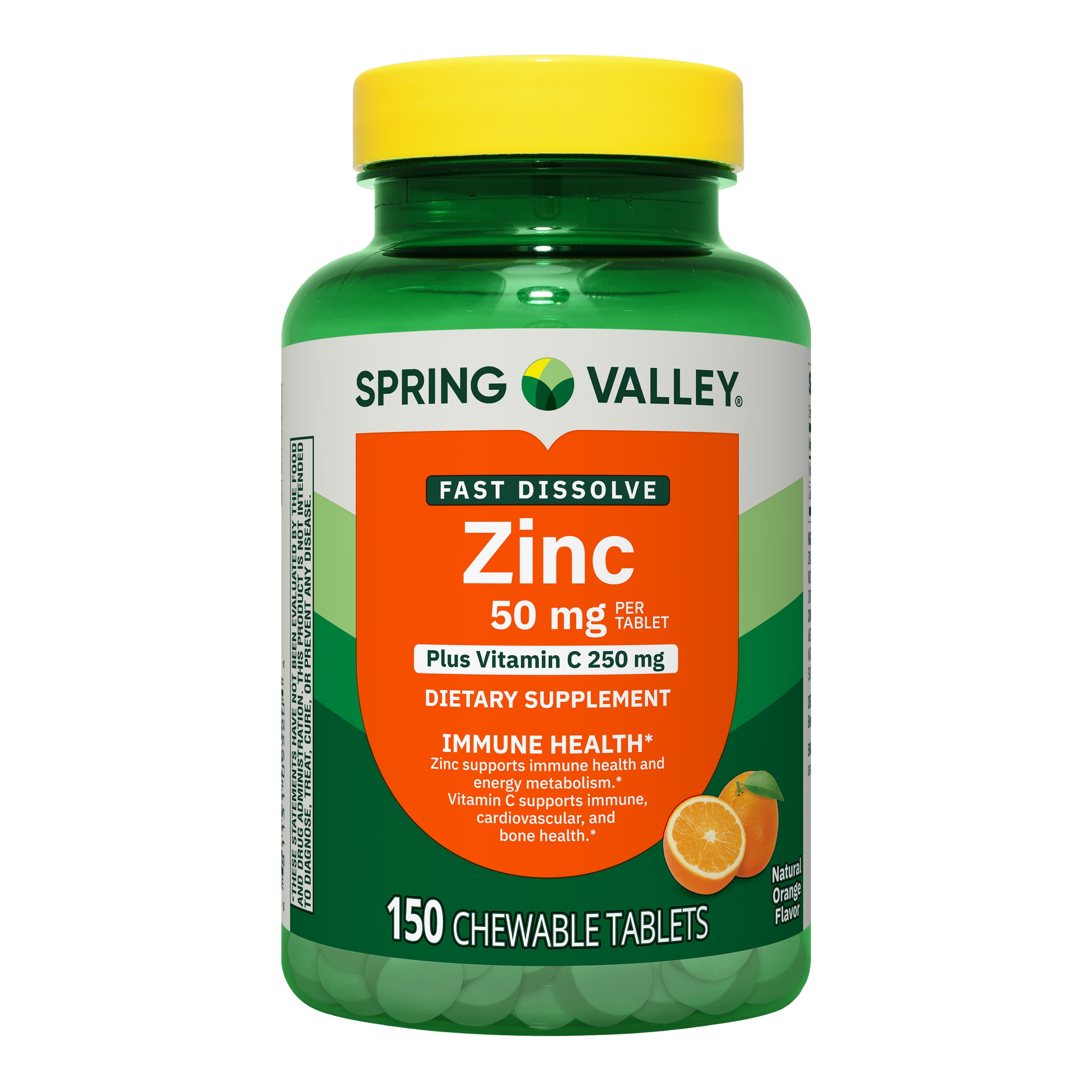 Spring Valley Fast Dissolve Zinc with Vitamin C Chewable Tablets for Immune Health, Orange Flavor, 150 Count