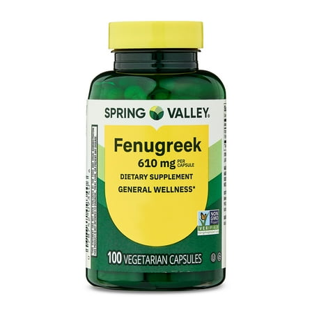 Spring Valley Fenugreek Dietary Supplement Vegetarian Capsules for General Wellness, 610 mg, 100 Count