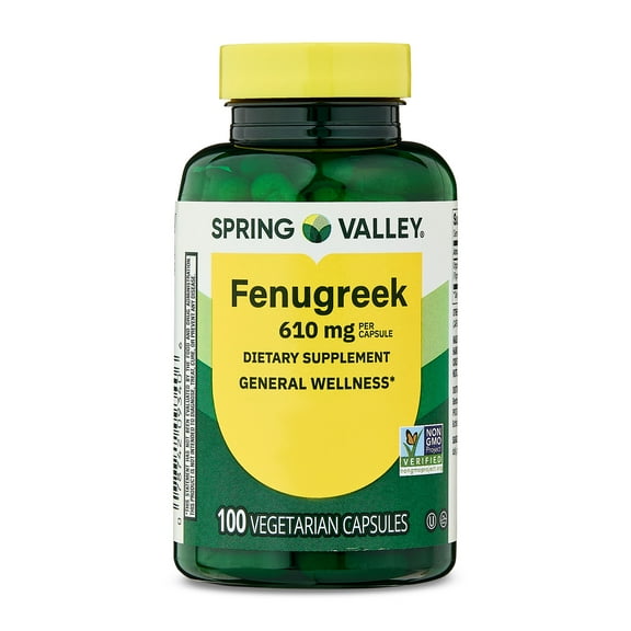 Spring Valley Fenugreek Dietary Supplement Vegetarian Capsules for General Wellness, 610 mg, 100 Count