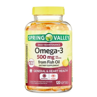 Spring Valley Daily Maintenance Omega-3 From Fish Oil Dietary Supplement Softgels for General & Heart Health, Lemon Flavor, 500 mg, 120 Count
