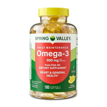 Spring Valley Daily Maintenance Omega-3 From Fish Oil Dietary Supplement Softgels for General & Heart Health, Lemon Flavor, 500 mg, 180 Count