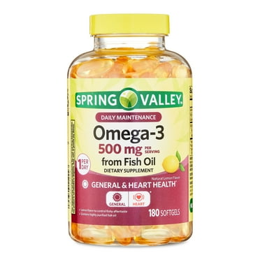 Spring Valley Daily Maintenance Omega-3 From Fish Oil Dietary Supplement Softgels for General & Heart Health, Lemon Flavor, 500 mg, 180 Count