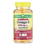 Spring Valley Daily Maintenance Omega-3 From Fish Oil Dietary Supplement Softgels for General & Heart Health, Lemon Flavor, 500 mg, 60 Count