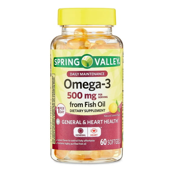 (3 pack) Spring Valley Daily Maintenance Omega-3 From Fish Oil Dietary Supplement Softgels for General & Heart Health, Lemon Flavor, 500 mg, 60 Count