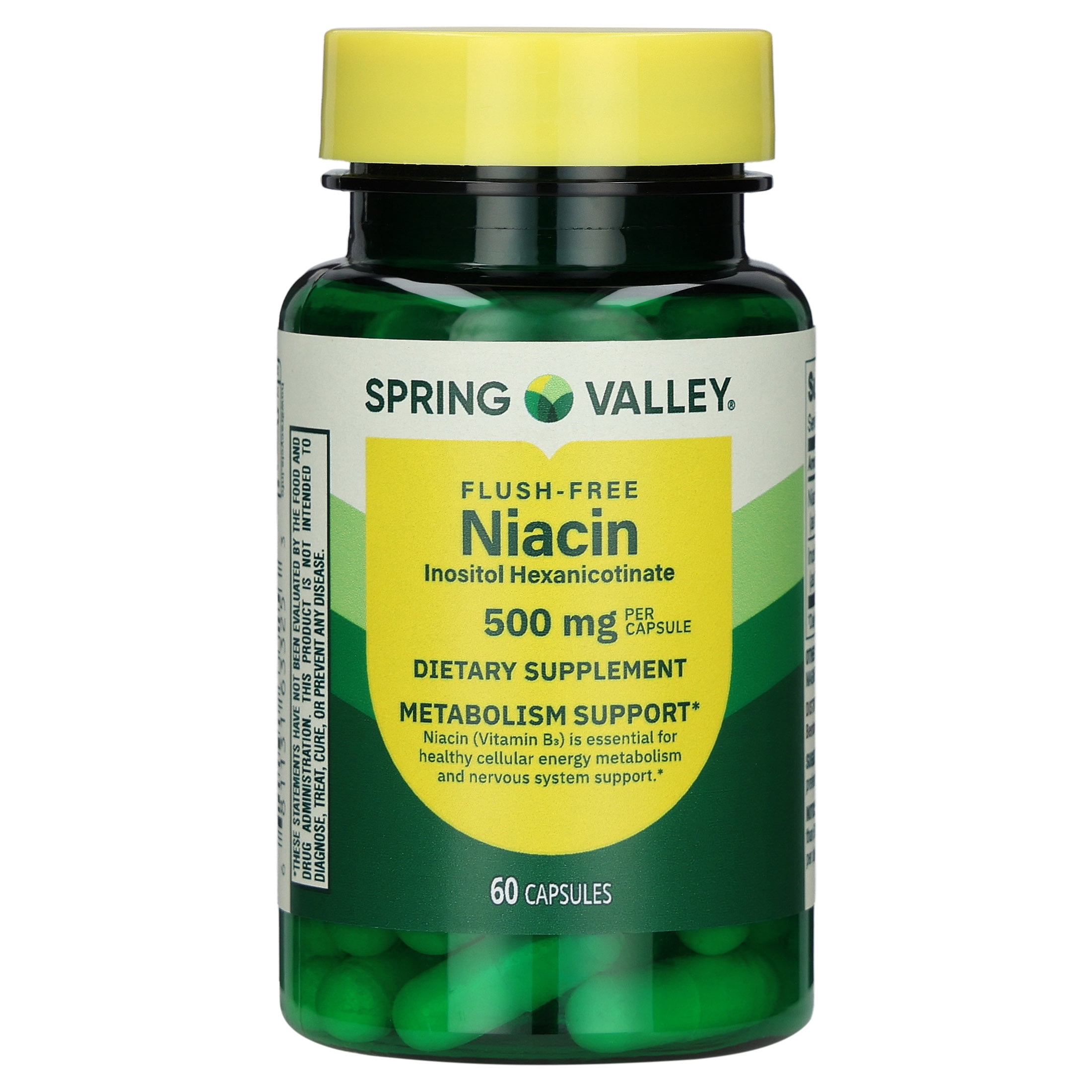 Spring Valley Flush Free Niacin Dietary Supplement Capsules for Metabolism Support, 500 mg, 60 Count