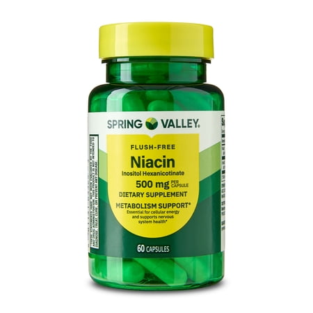 Spring Valley Flush Free Niacin Dietary Supplement Capsules for Metabolism Support, 500 mg, 60 Count