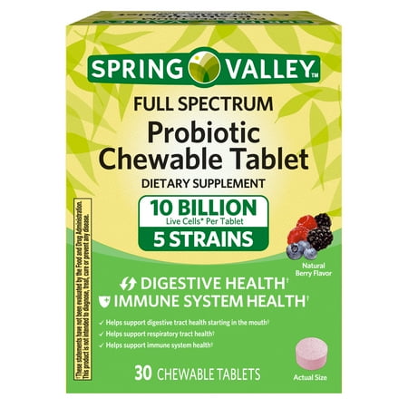 Spring Valley Full Spectrum Probiotic Dietary Supplement Chewable Tablets for Digestive & Immune Health, Berry, 30 Count