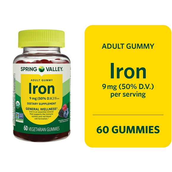 Spring Valley General Wellness/Circulatory Health Iron Supplement Gummies, Mixed Berries, 9 mg, 60 Count