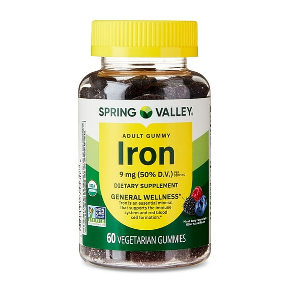 Spring Valley General Wellness/Circulatory Health Iron Supplement Gummies, Mixed Berries, 9 mg, 60 Count