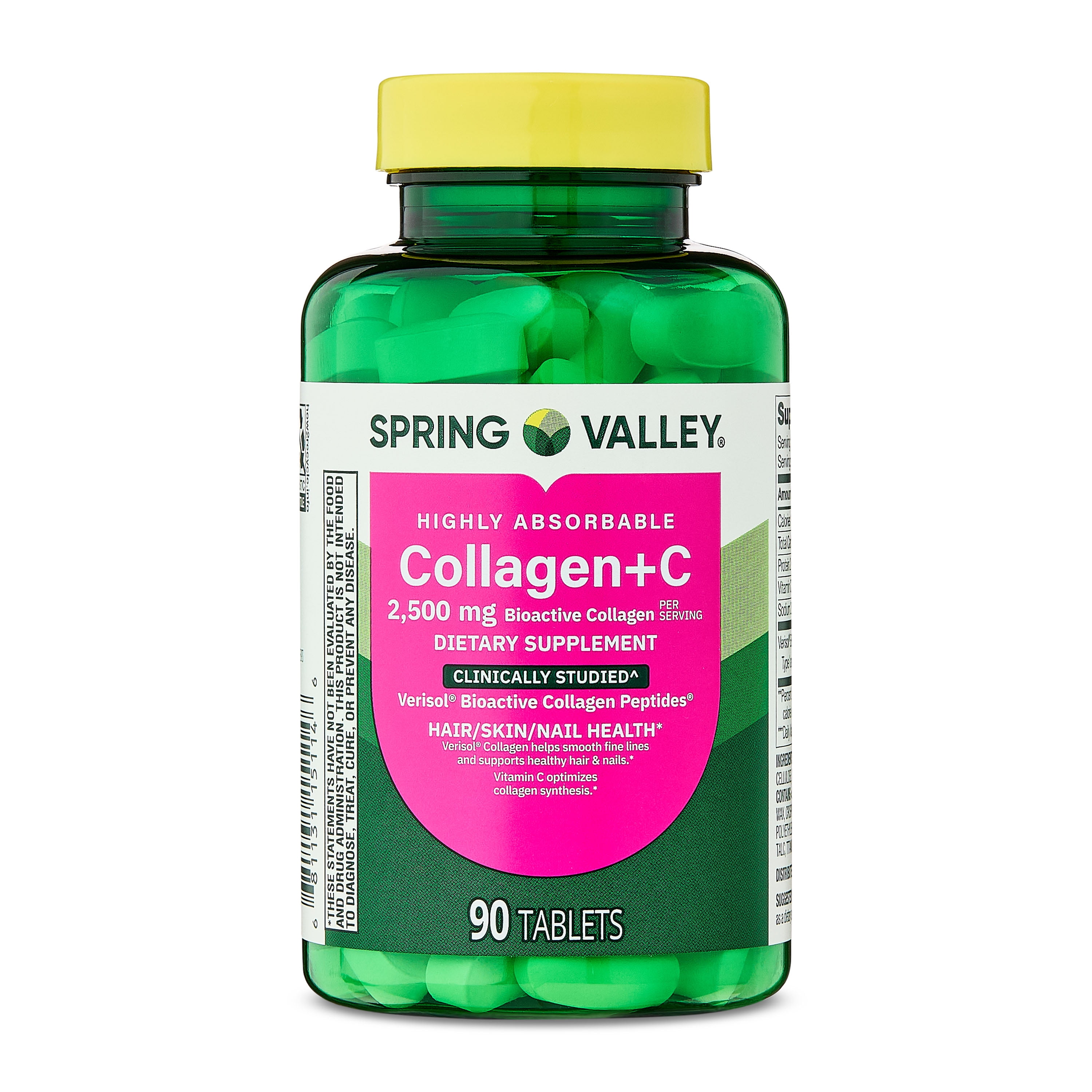 Spring Valley Highly Absorbable Collagen + C Tablets for Hair/Skin/Nail Health, 2,500 mg, 90 Count
