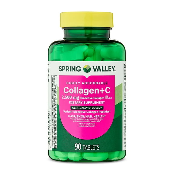 Spring Valley Highly Absorbable Collagen + C Tablets for Hair/Skin/Nail Health, 2,500 mg, 90 Count