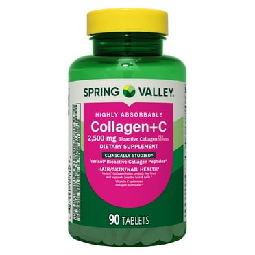 Spring Valley Highly Absorbable Collagen + C Tablets for Hair/Skin/Nail Health, 2,500 mg, 90 Count