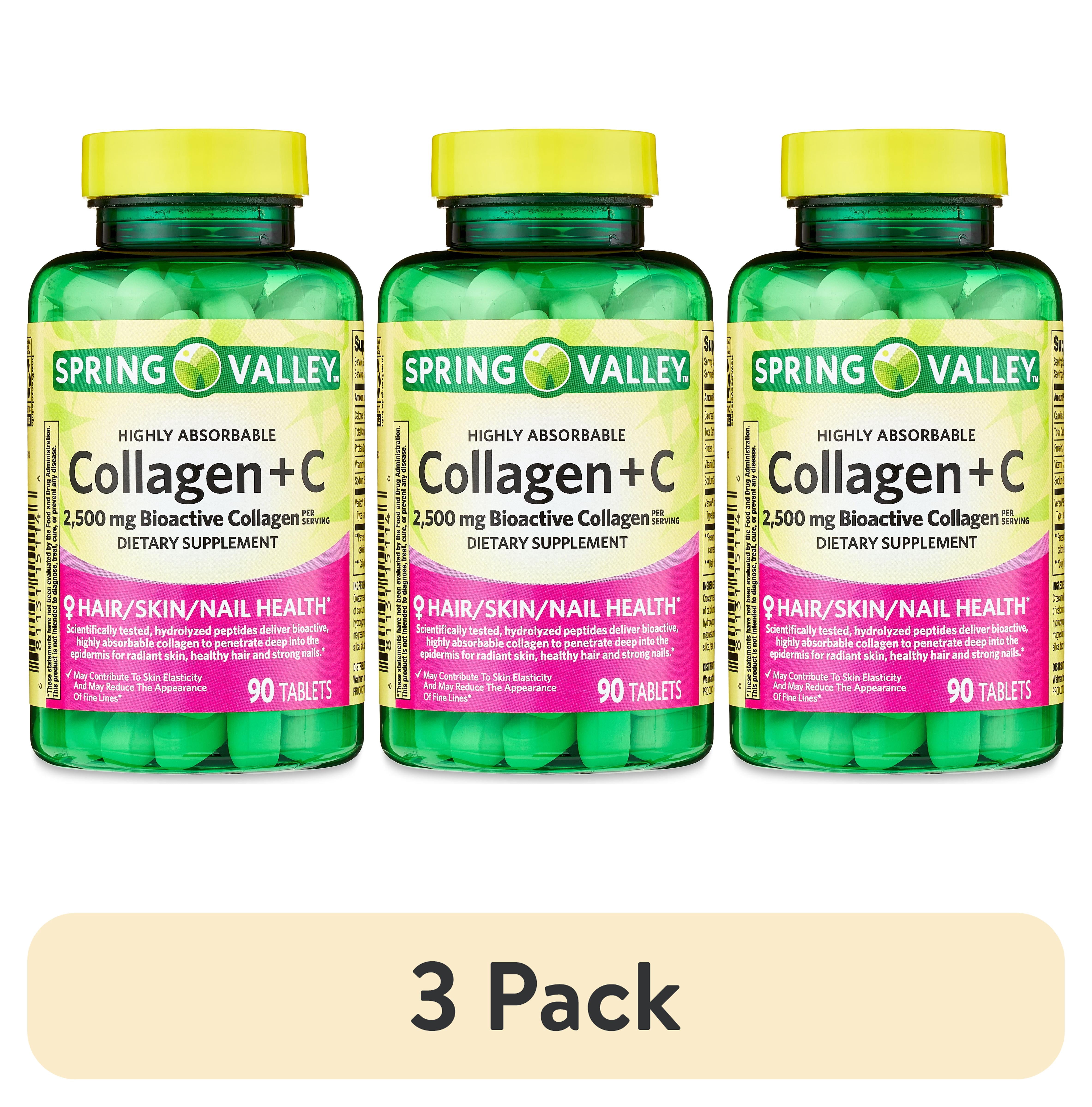 (3 pack) Spring Valley Highly Absorbable Collagen + C Tablets for Hair/Skin/Nail Health, 2,500 mg, 90 Count