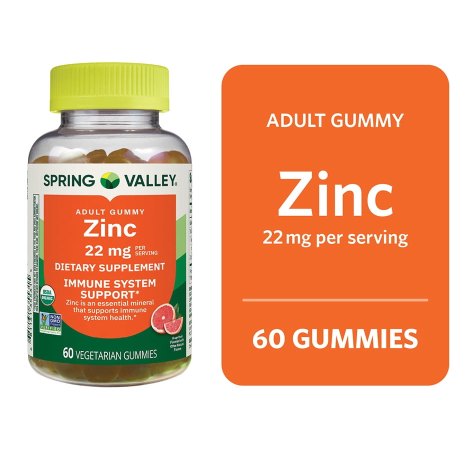 Spring Valley Zinc Dietary Supplement Vegetarian Gummies for Immune System Support, Grapefruit Flavor, 22 mg, 60 Count