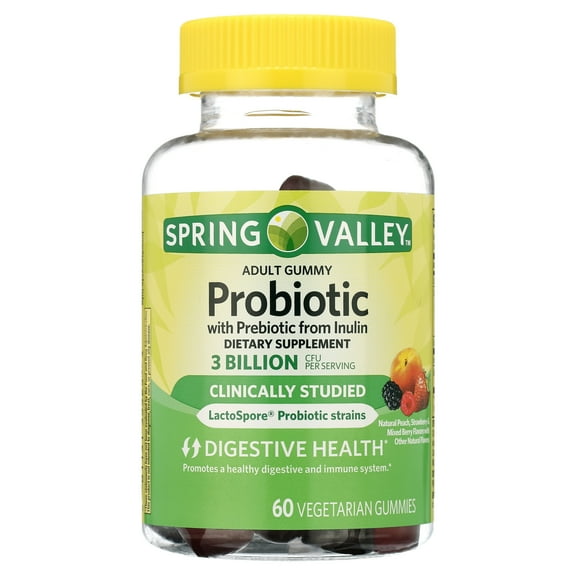 (3 pack) Spring Valley Probiotic with Prebiotic from Inulin Vegetarian Gummies for Digestive Health, Assorted Flavors, 3 Billion CFU, 60 Count