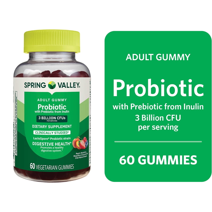 Spring Valley Probiotic with Prebiotic from Inulin Vegetarian Gummies for Digestive Health, Assorted Flavors, 3 Billion CFU, 60 Count