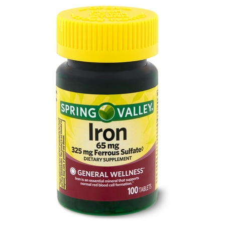 Spring Valley Iron General Wellness Dietary Supplement Tablets, 65 mg, 100 Count