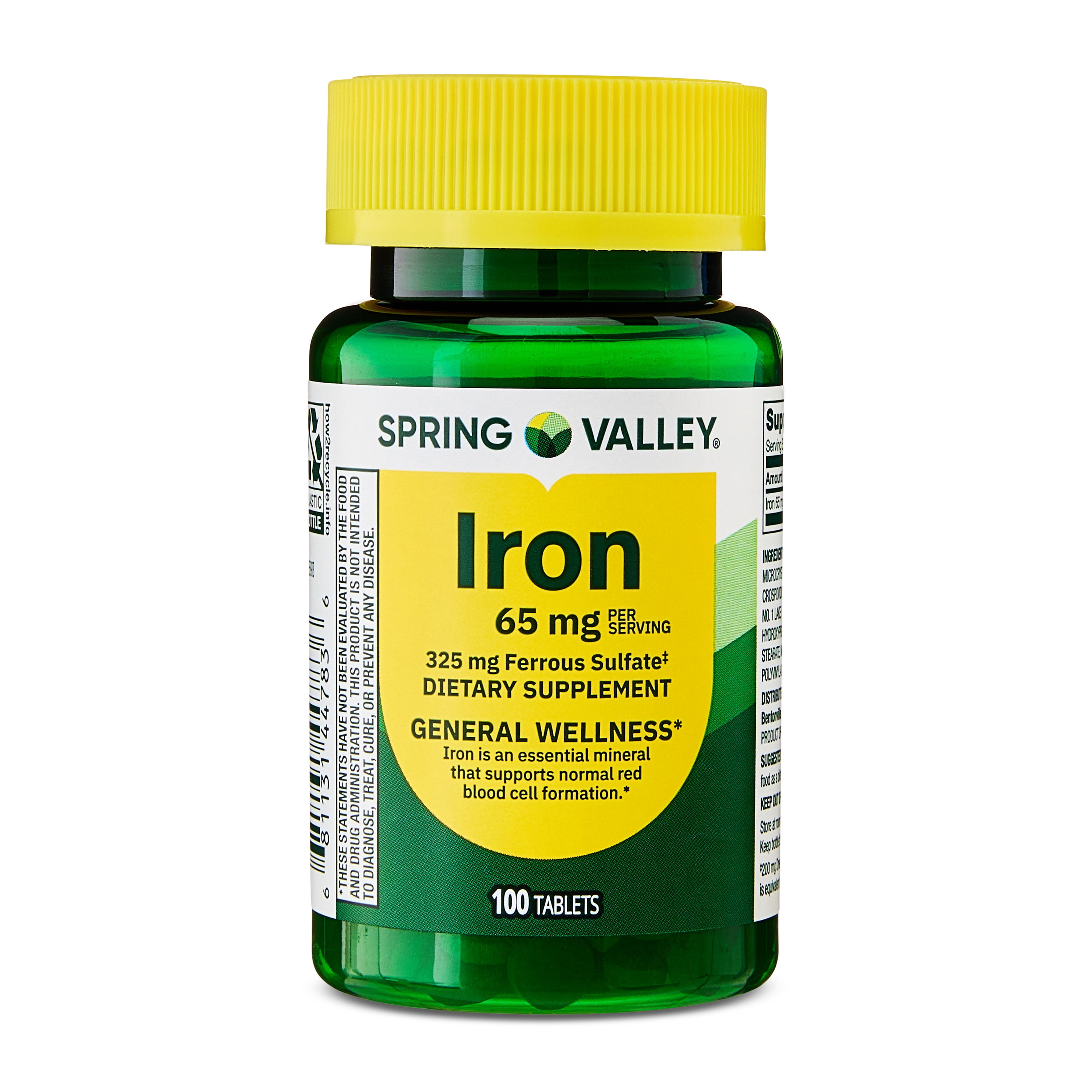 Spring Valley Iron General Health & Wellness Dietary Supplement Tablets, 65 mg, 100 Count