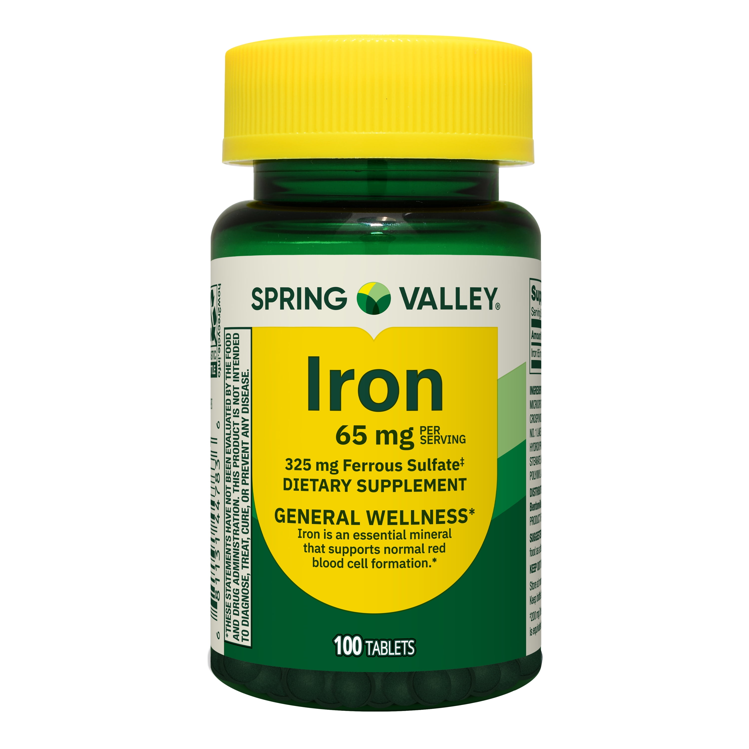 Spring Valley Iron General Health & Wellness Dietary Supplement Tablets, 65 mg, 100 Count
