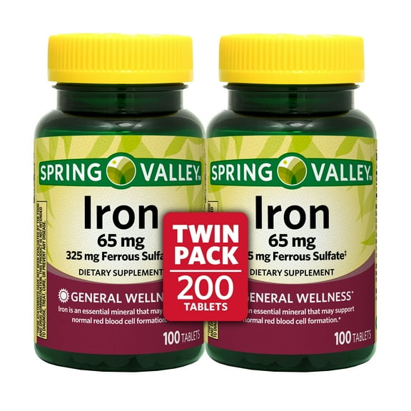 Spring Valley Iron General Wellness Dietary Supplement Tablets Twin Pack, 65 mg, 200 Count