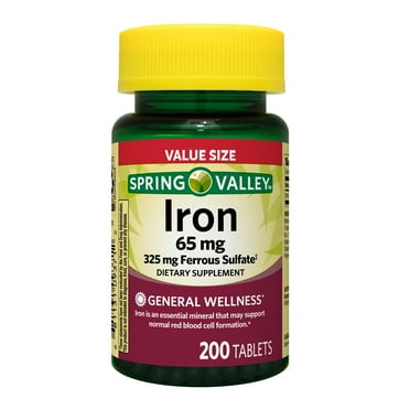 Spring Valley General Health & Wellness Iron Tablets Dietary Supplement Value Size, 65 mg, 200 Count