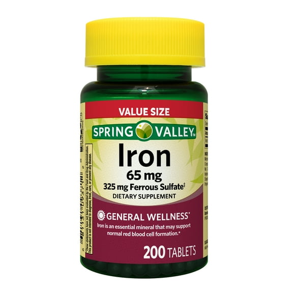 Spring Valley General Health & Wellness Iron Tablets Dietary Supplement Value Size, 65 mg, 200 Count