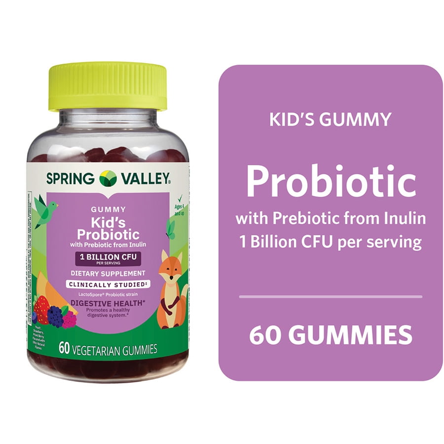 Spring Valley Kids Probiotic with Prebiotic from Inulin Vegetarian Gummies for Digestive Health, Assorted Flavors, 1 Billion CFU, 60 Count