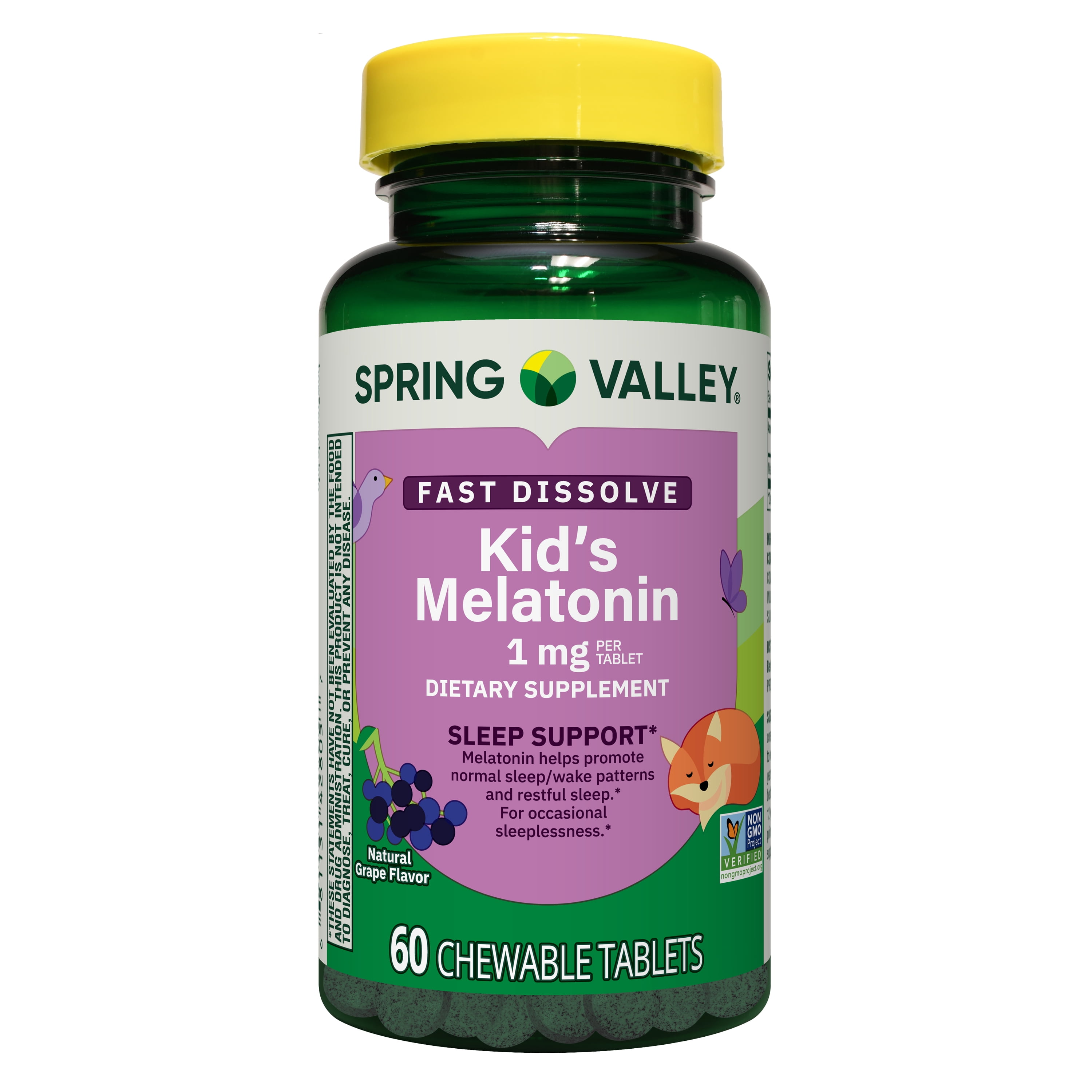 Spring Valley Kids Melatonin Chewable Tablets Sleep Support Dietary Supplement, Grape Flavor, 1 mg, 60 Count