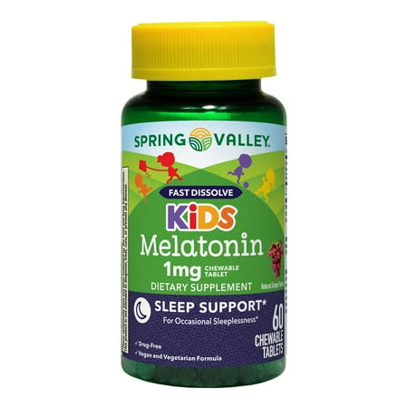 Spring Valley Kids Melatonin Chewable Tablets Sleep Support Dietary Supplement, Grape Flavor, 1 mg, 60 Count