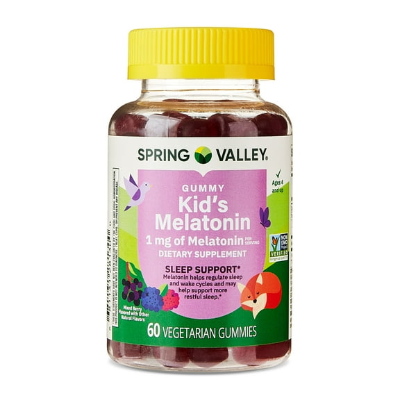 Spring Valley Kids Melatonin Dietary Supplement Gummies, Raspberry, 1 mg, 60 Count