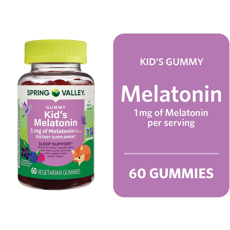 Spring Valley Kids Melatonin Dietary Supplement Gummies, Raspberry, 1 mg, 60 Count