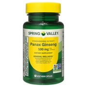 Spring Valley Standardized Extract Korean Panax Ginseng Dietary Supplement Vegetarian Capsules for General Wellness, 100 mg, 60 Count