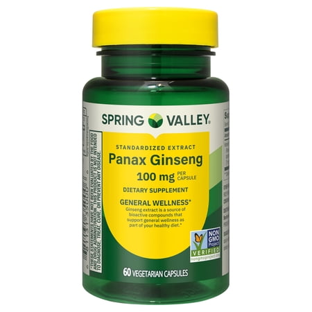 Spring Valley Standardized Extract Korean Panax Ginseng Dietary Supplement Vegetarian Capsules for General Wellness, 100 mg, 60 Count